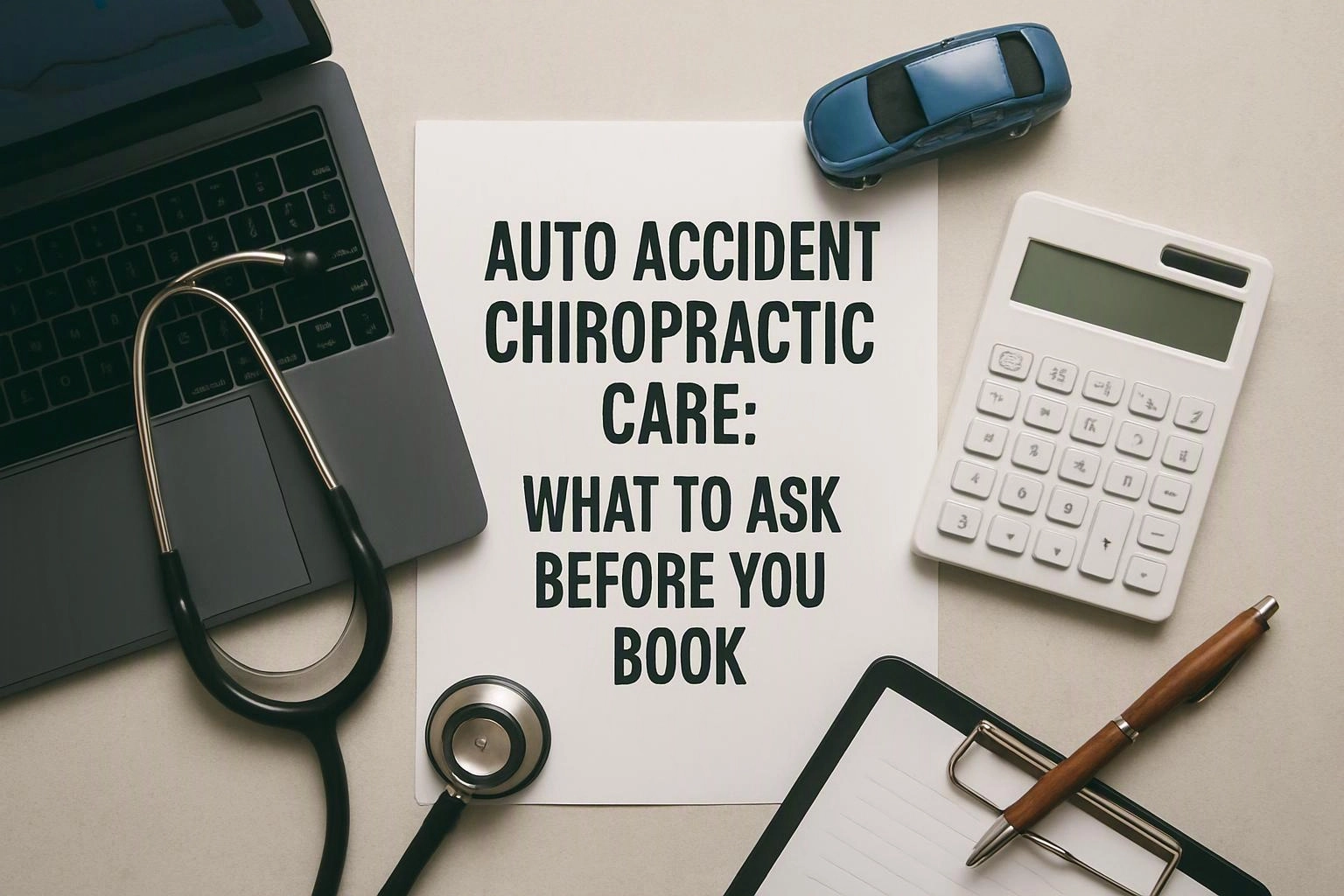 Aerial top-down flat-lay photograph of overhead flat-lay of items that represent "Auto Accident Chiropractic Care