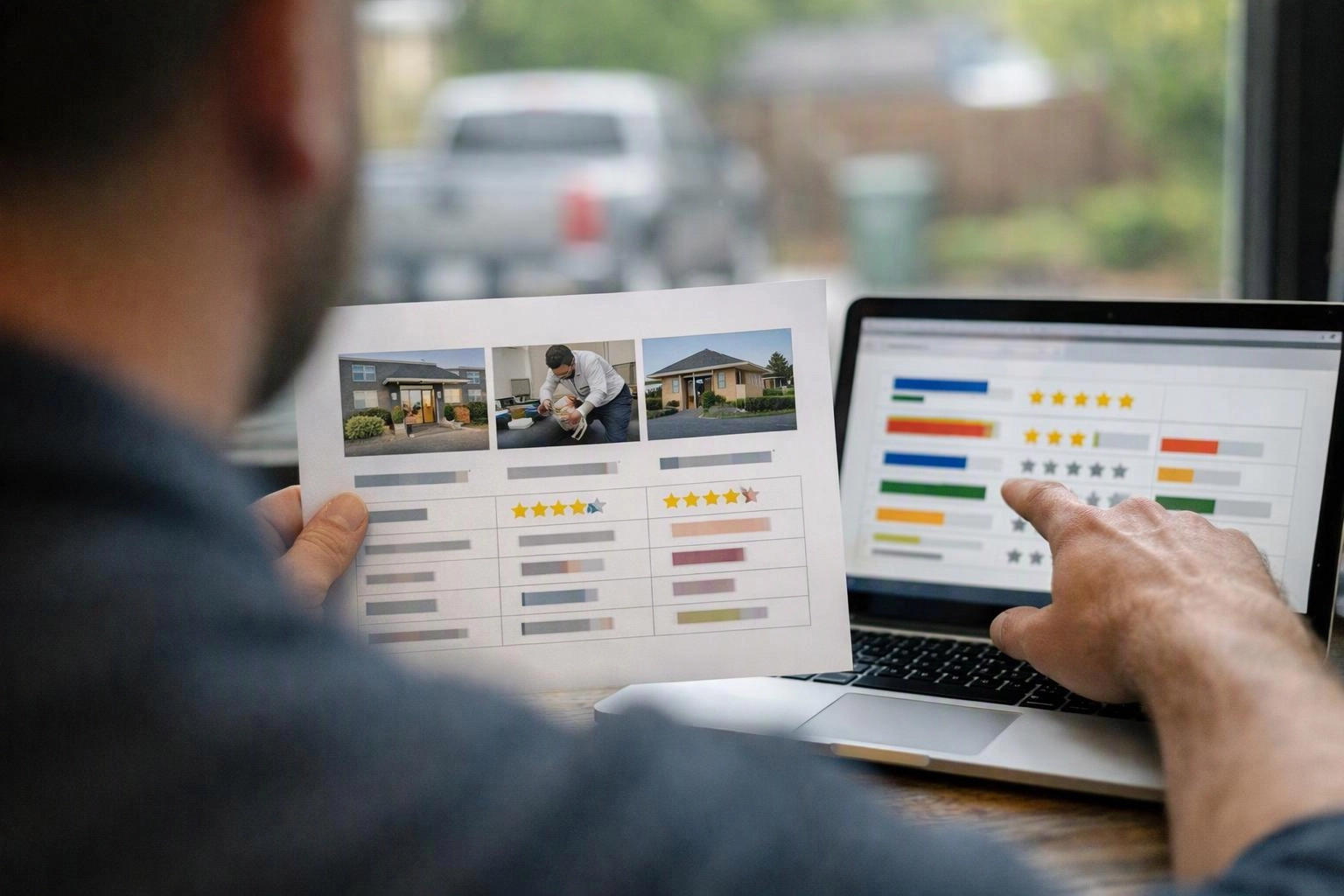 A person points at a laptop showing star ratings while holding a printed comparison sheet with house photos and charts