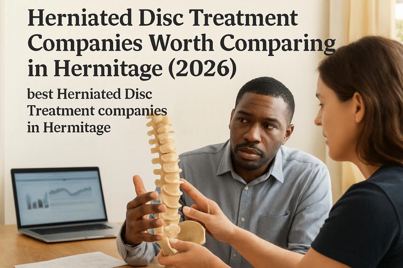 Two people discuss a spine model at a table with a laptop, while large treatment text fills the background