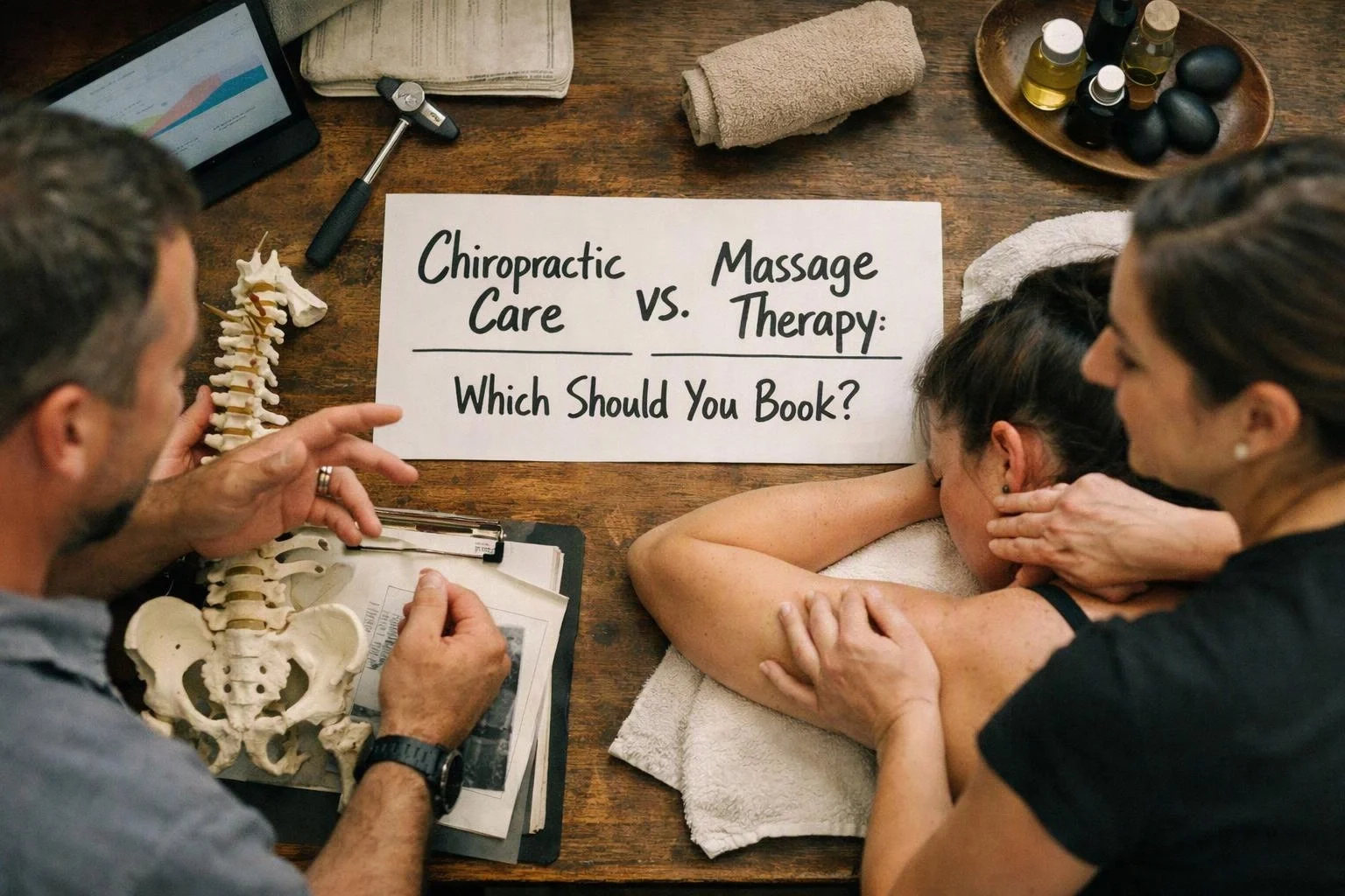 Two people discuss a woman’s shoulder on a massage table beside a sign reading “Chiropractic Care vs. Massage Therapy”