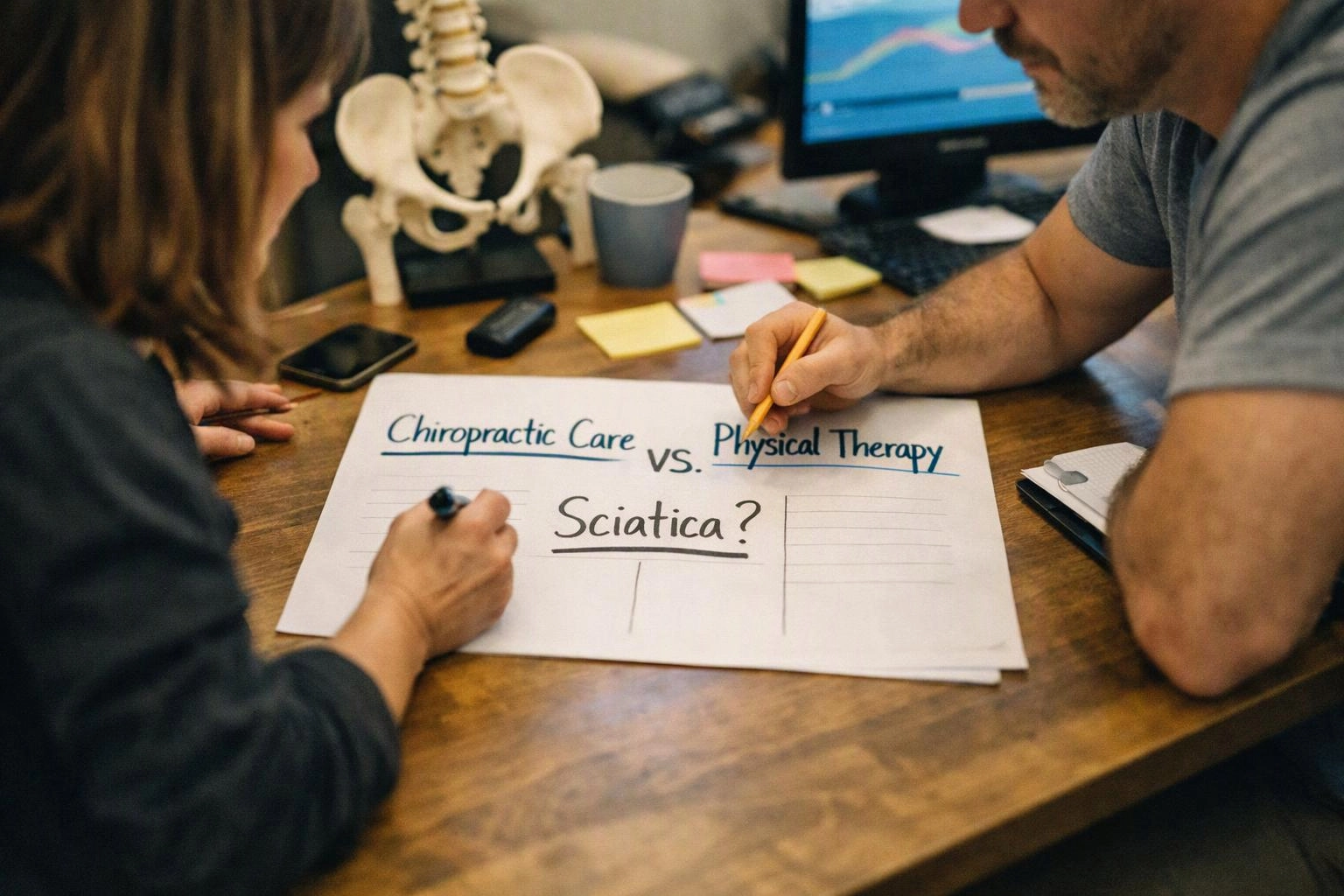 Two people at a desk write on a poster about chiropractic care versus physical therapy for sciatica