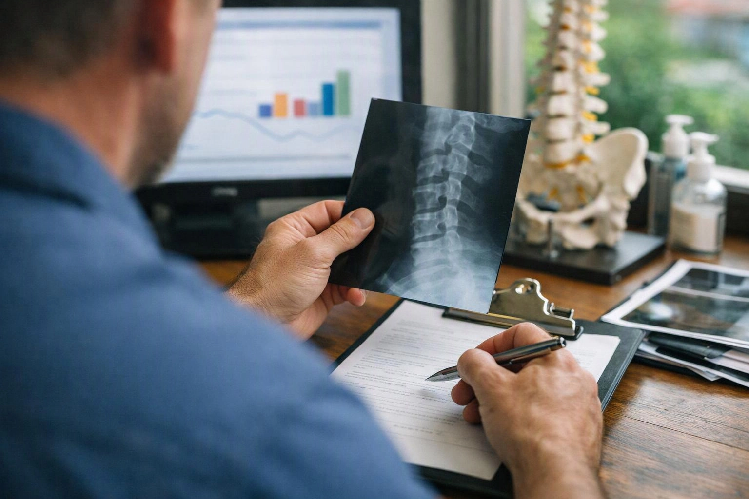 A man studies a spine X-ray while writing on paperwork at a desk with medical charts and models