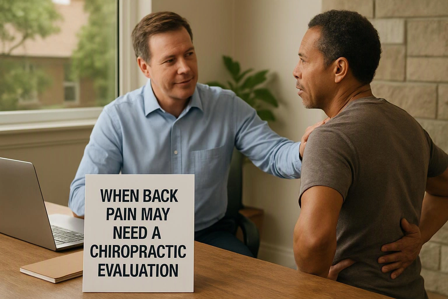 Advertising-grade tabletop still life photograph of wide establishing view of a setting where "When Back Pain May Need a Chiropractic Evaluation" naturally