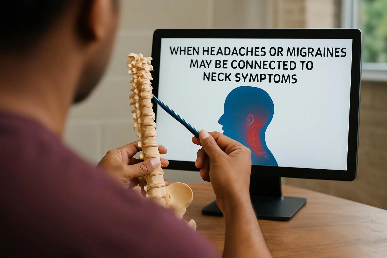 A person points at a spine model beside a monitor showing a headache and neck pain diagram and text