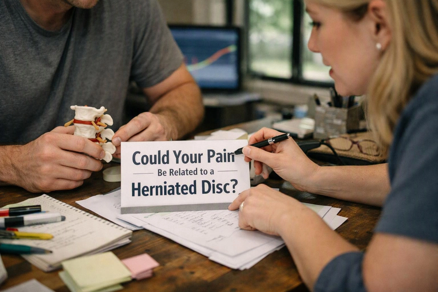 Two people study a spine model and a card about herniated disc pain at a desk