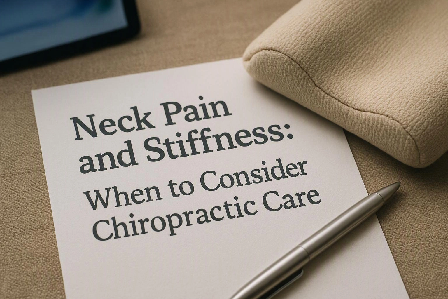 Macro product photograph of overhead flat-lay of items that represent "Neck Pain and Stiffness