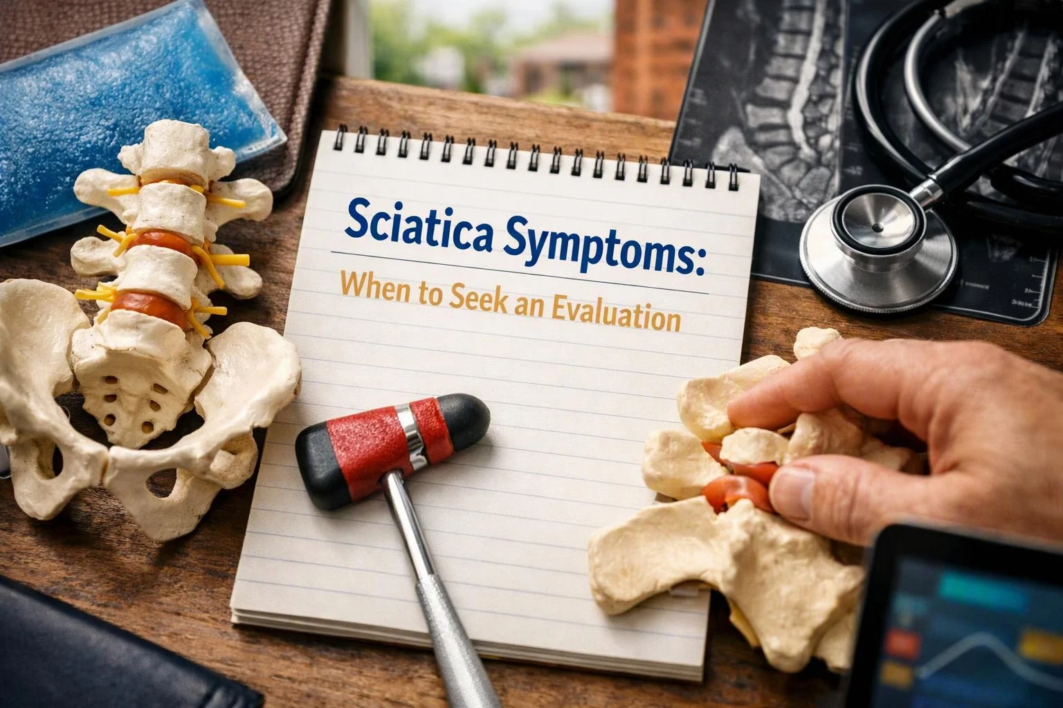 Macro product photograph of overhead flat-lay of items that represent "Sciatica Symptoms
