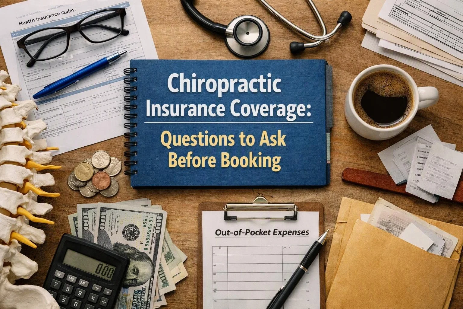 Aerial top-down flat-lay photograph of wide establishing view of a setting where "Chiropractic Insurance Coverage