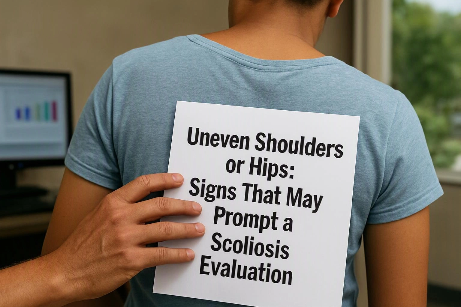 A hand holds a sign on a person’s back, with text about uneven shoulders or hips and scoliosis evaluation