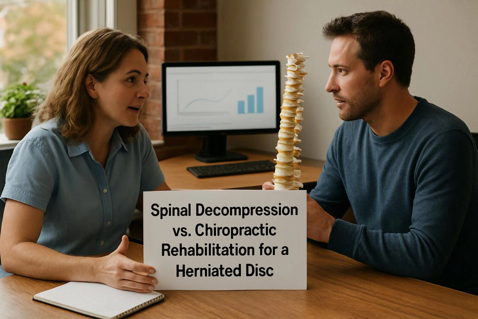 A woman and man talk across a desk beside a spine model and a sign about herniated disc rehabilitation