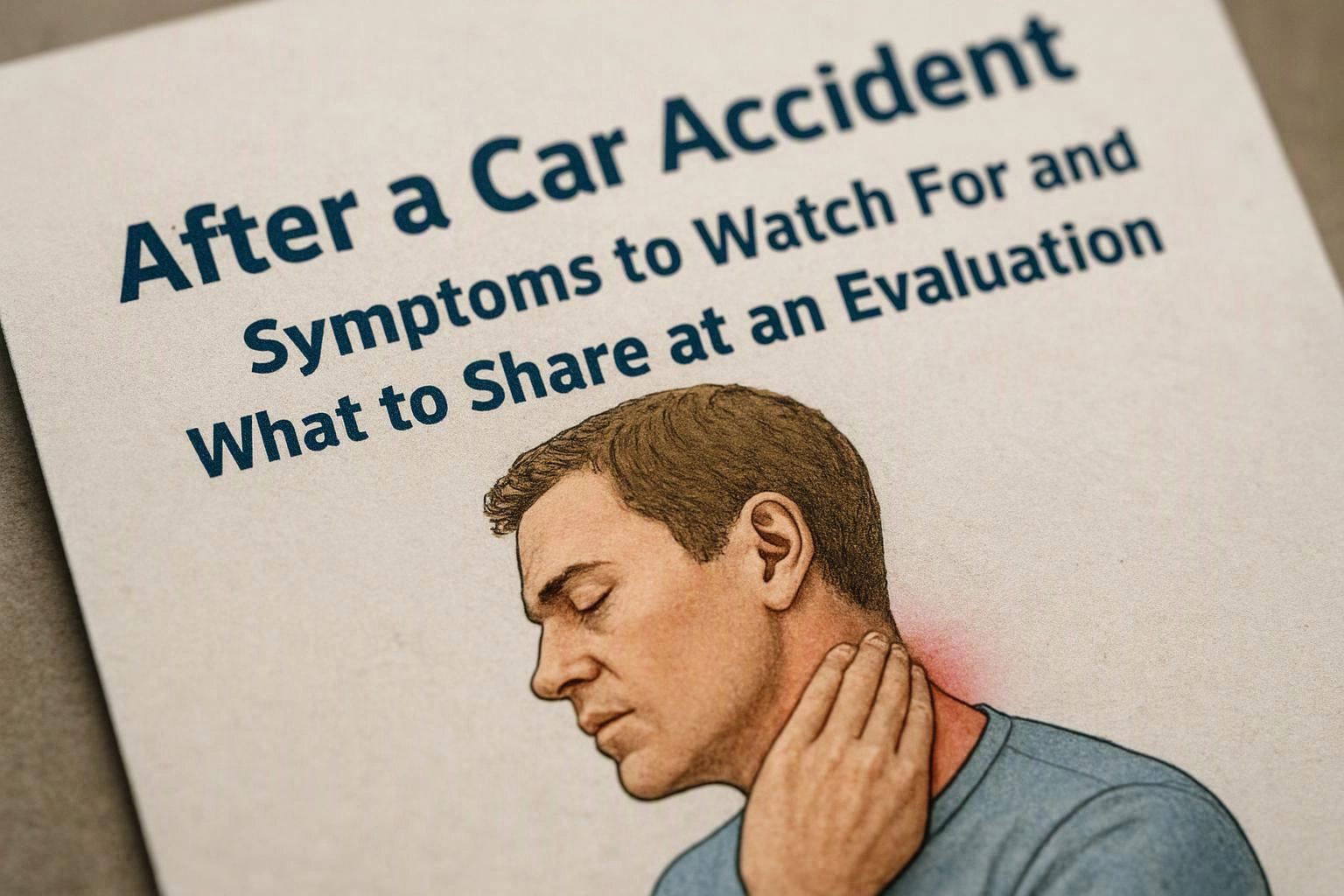 A pamphlet shows a man holding his neck beside the headline “After a Car Accident”
