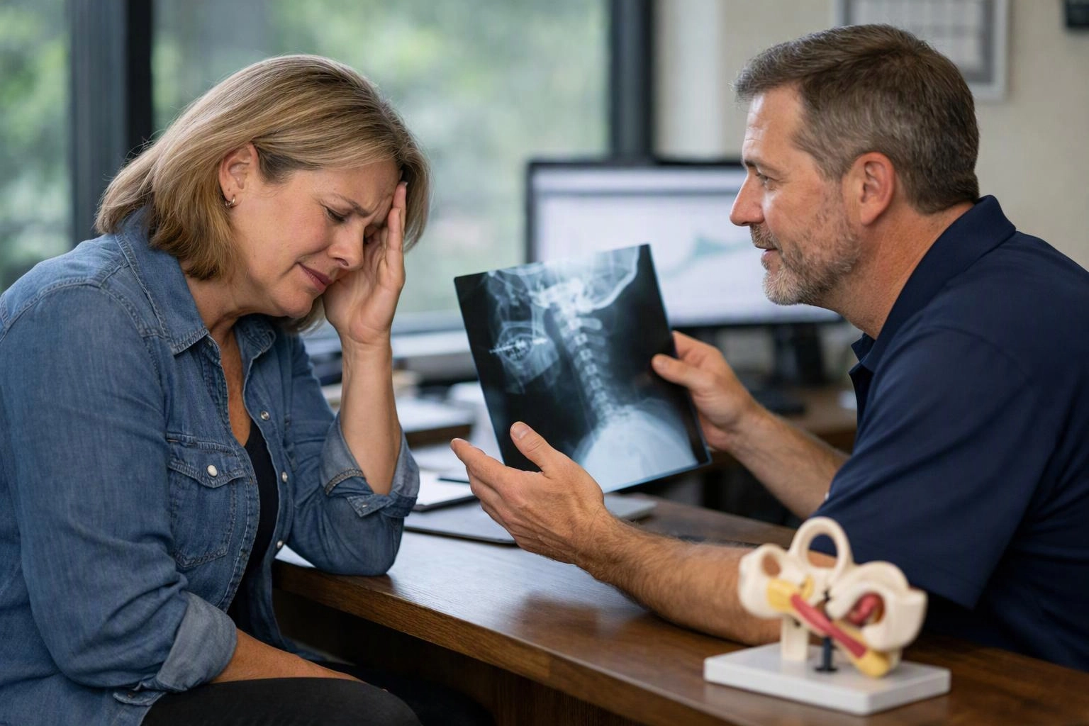 Two-person consultation photograph showing a clear visual metaphor illustrating what "Dizziness or Vertigo