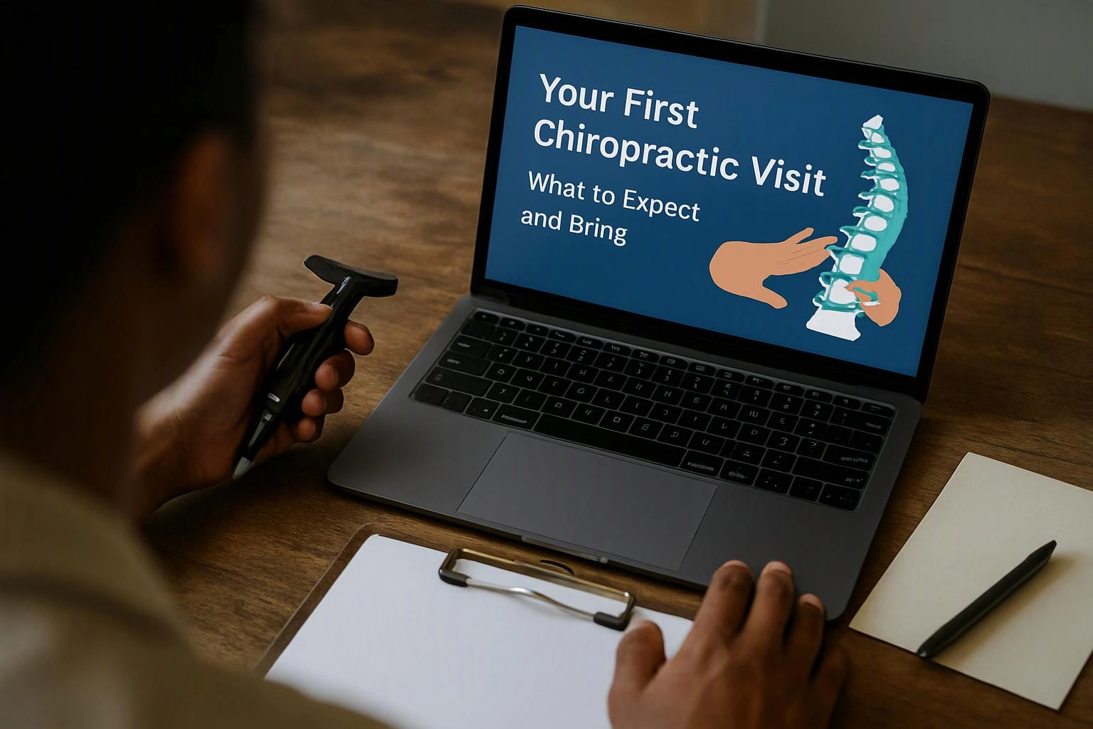 A person studies a laptop slide about a first chiropractic visit while holding a small tool at a desk