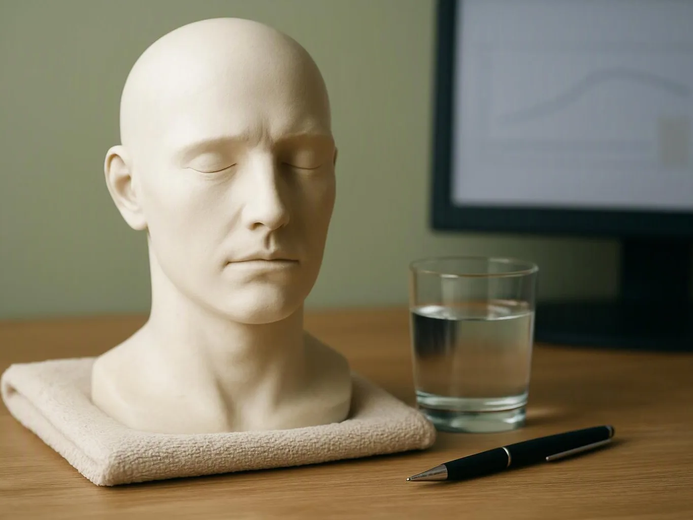 A bald white bust with closed eyes sits beside a glass of water and a pen on a wooden desk