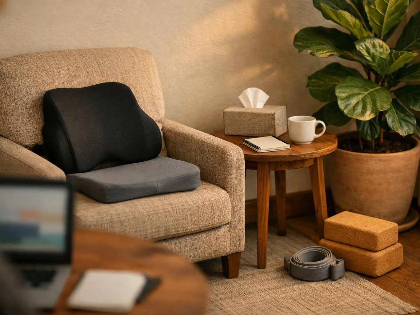 A beige armchair with cushions sits beside a small table, a plant, and yoga props in a warm room