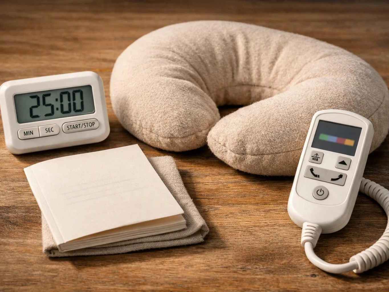 A beige neck pillow, timer, small remote, and folded notebook sit on a wooden table