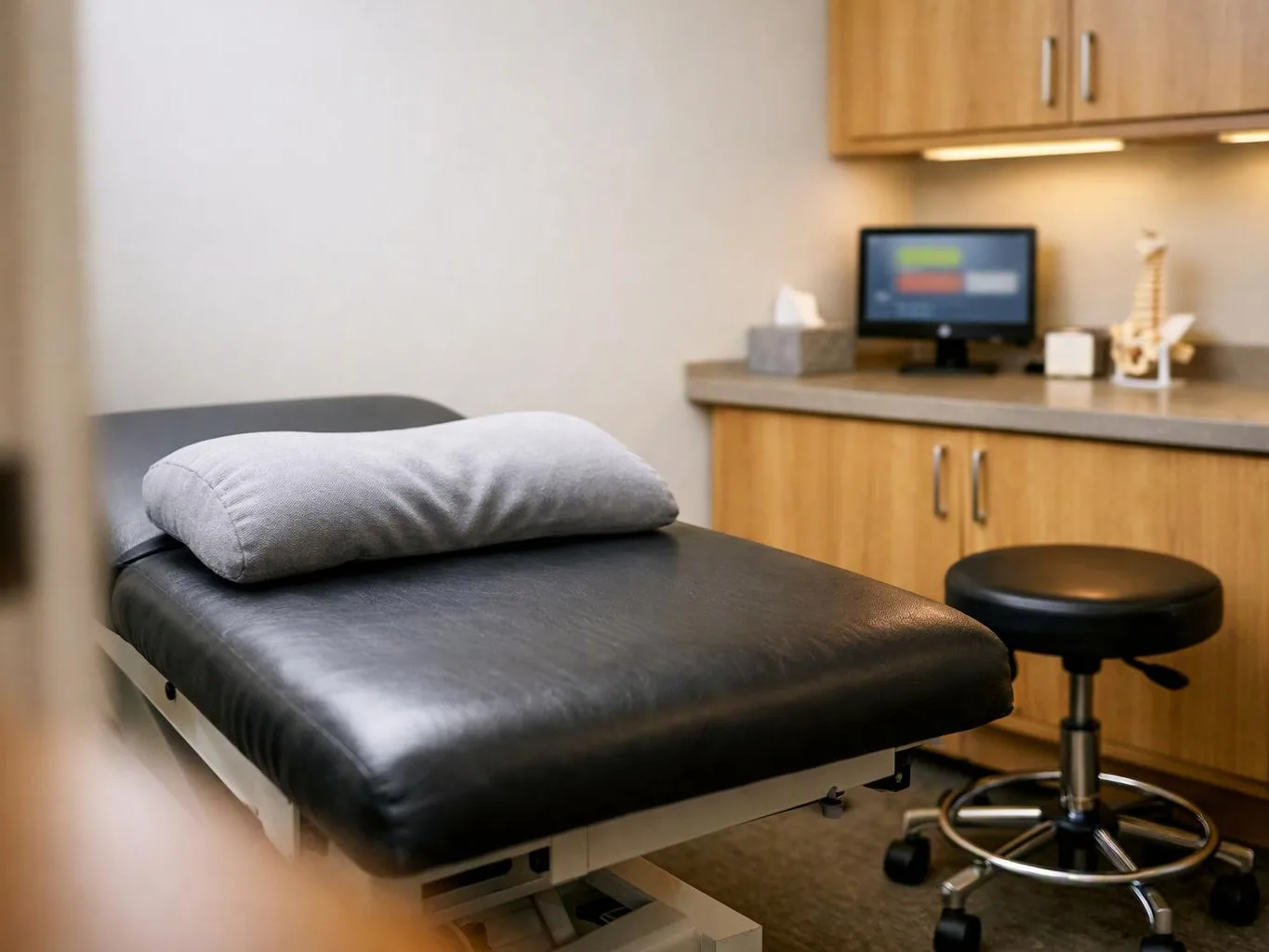A black exam table with a gray pillow sits beside a stool in a small medical room