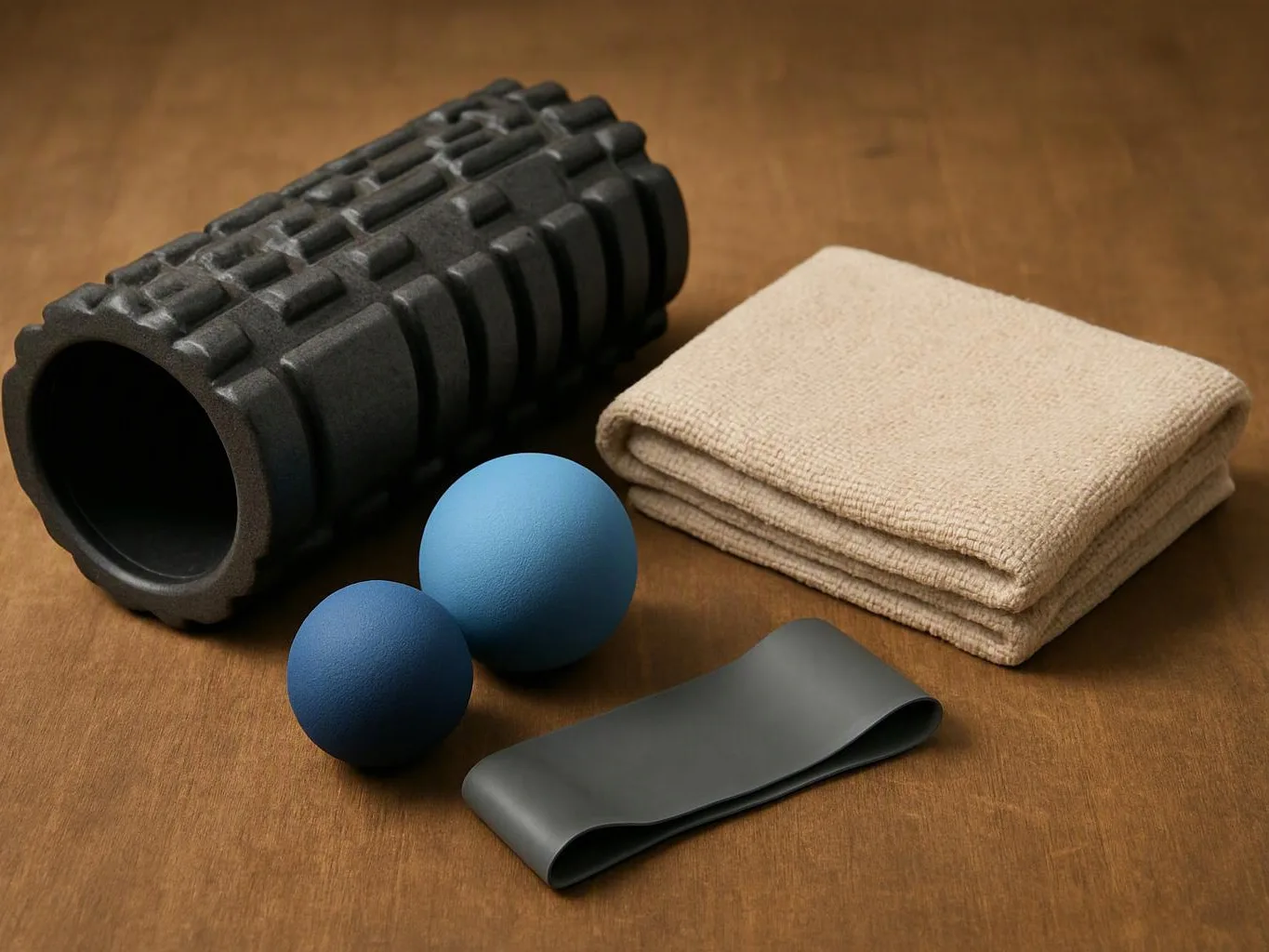 A black foam roller, folded beige towel, two blue massage balls, and a gray resistance band sit on a wooden surface
