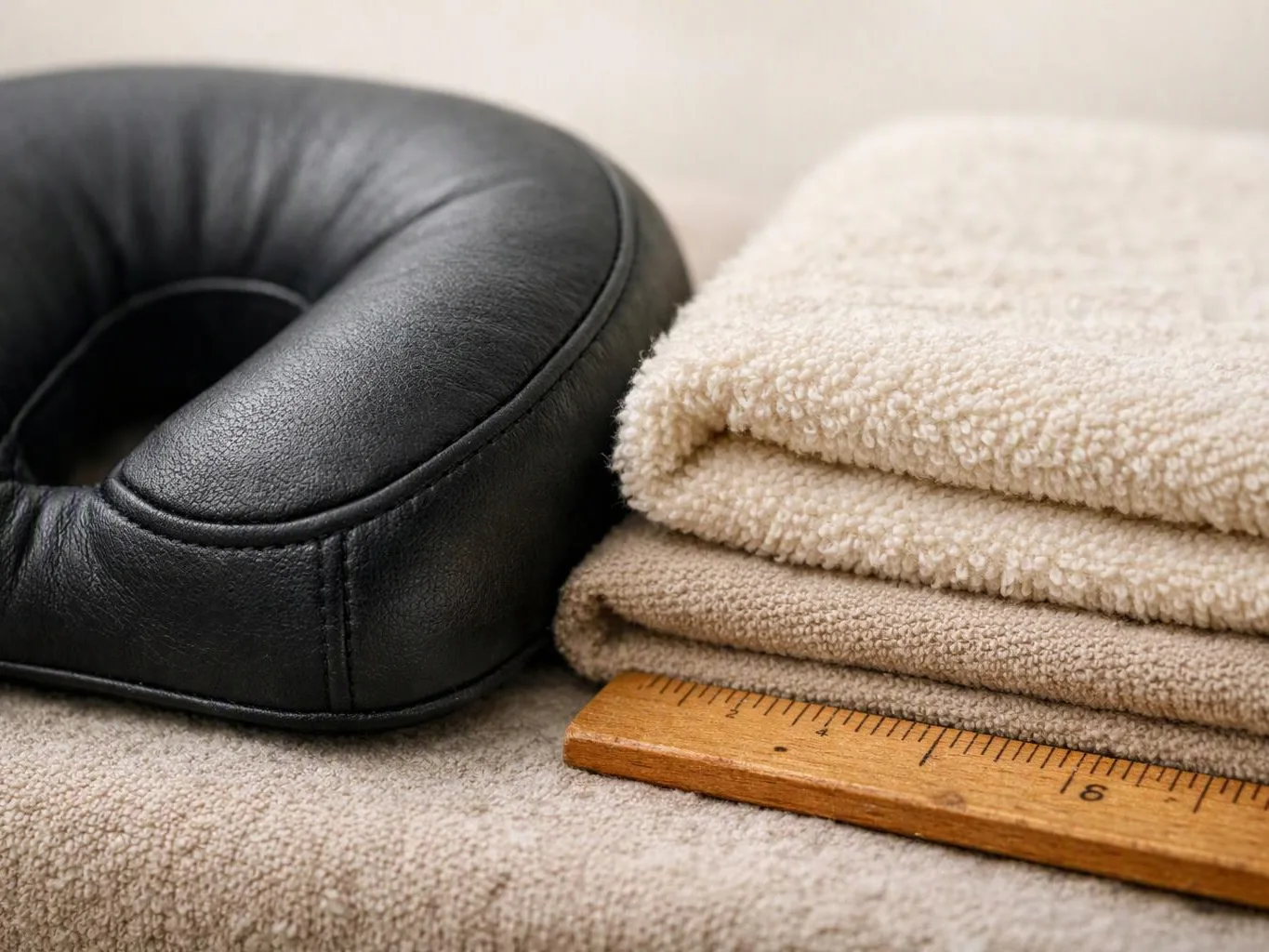 A black leather neck pillow sits beside folded beige towels and a wooden ruler on a soft surface