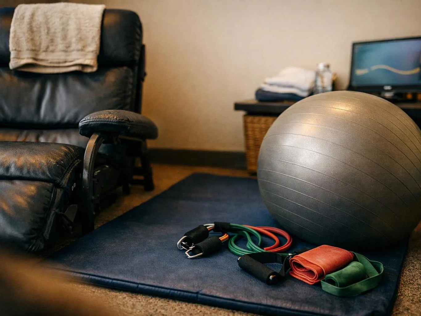 A black leather recliner sits beside a yoga mat with an exercise ball, resistance bands, and handles in a home room