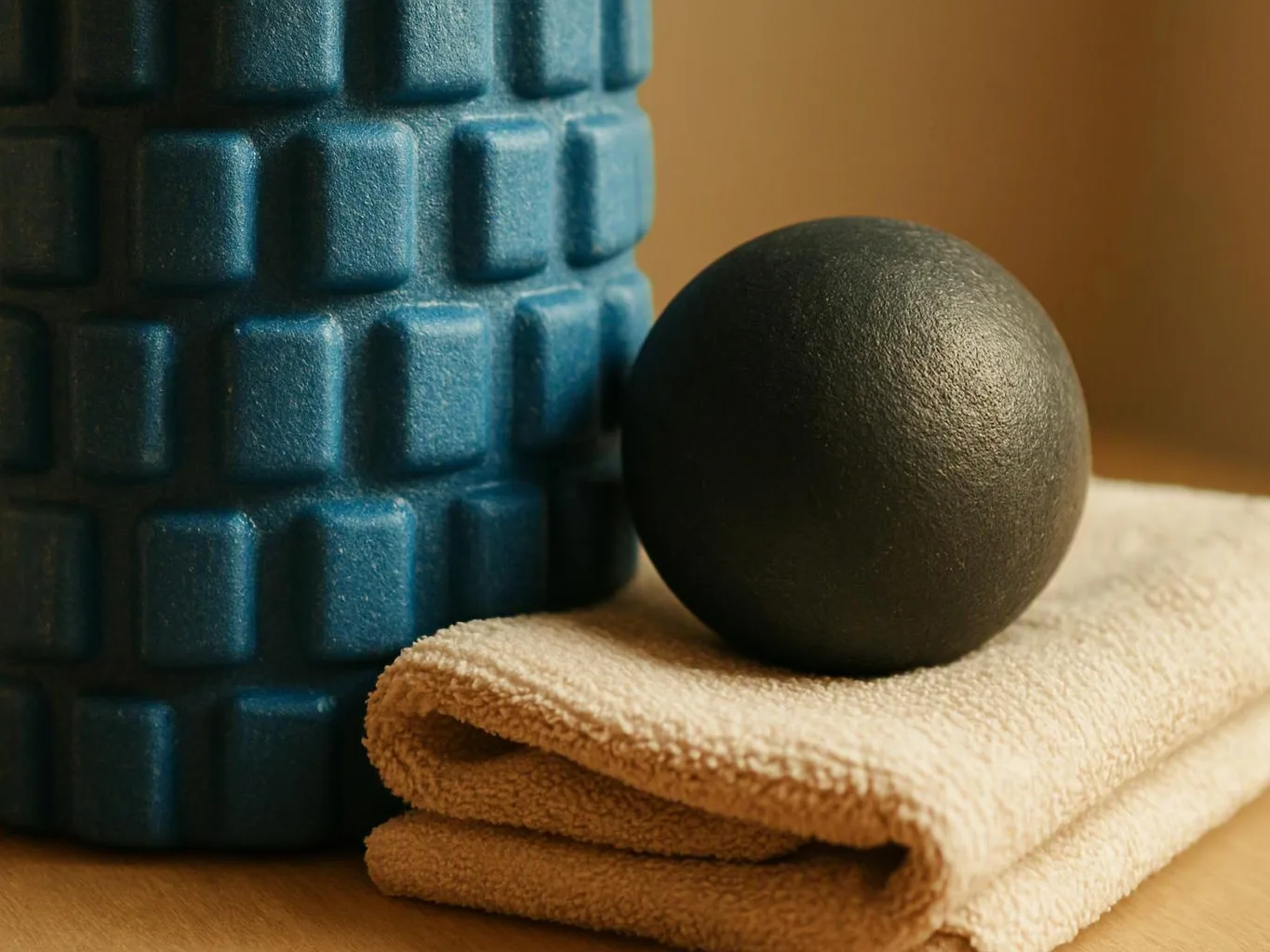 A black massage ball rests on folded beige towels beside a blue foam roller on a wooden surface