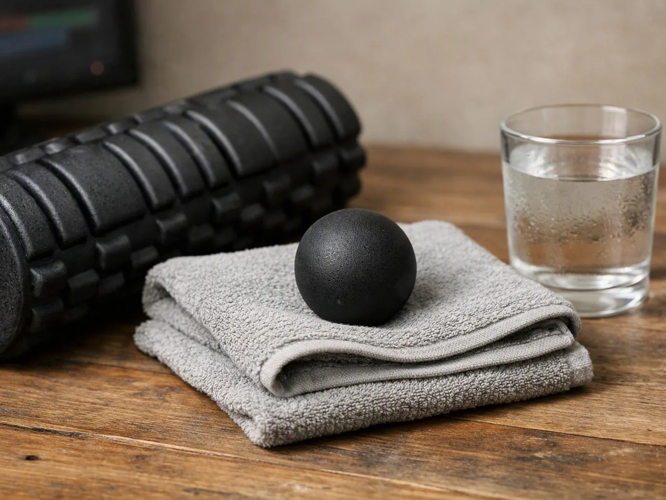 A black massage roller, folded gray towel, round stone, and glass of water sit on a wooden table