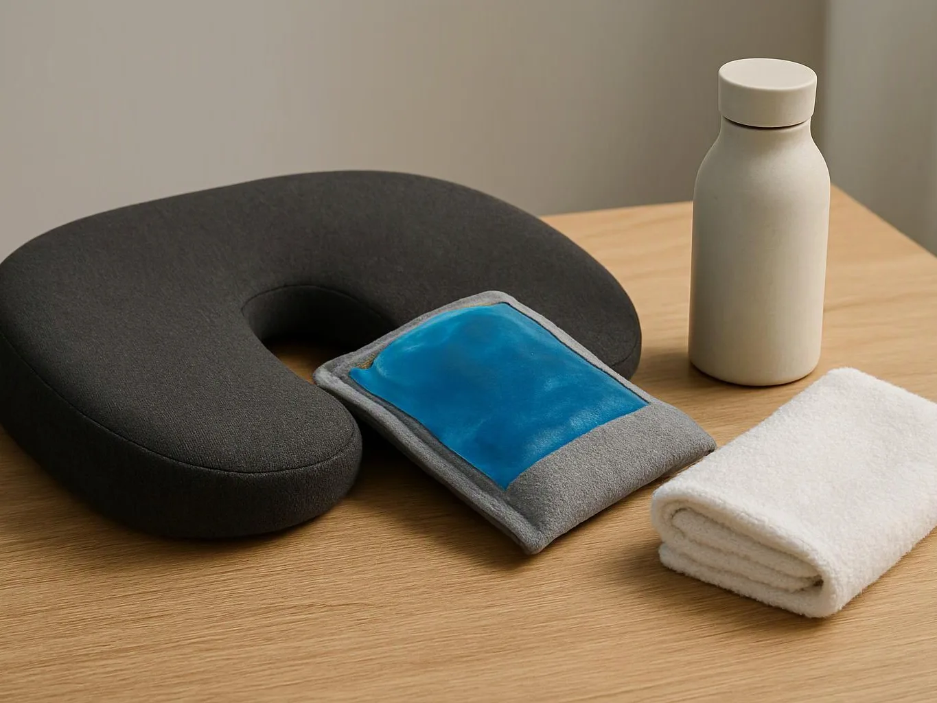 A black neck pillow, a blue gel pack, a folded white towel, and a white bottle sit on a wooden table