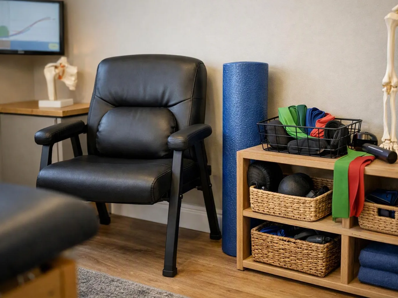 A black padded chair sits beside exercise bands, foam rollers, and baskets in a therapy room