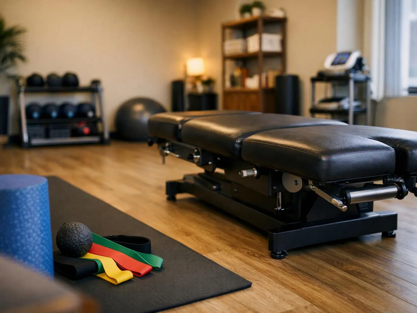 A black treatment table sits in a bright exercise room with mats, bands, and fitness balls nearby