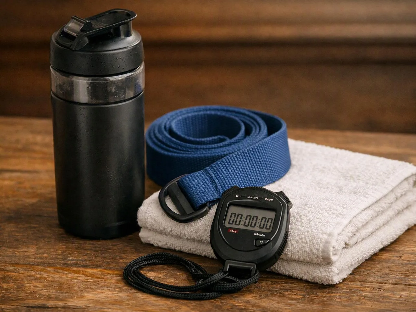 A black water bottle, blue strap, stopwatch, and folded towel sit on a wooden table
