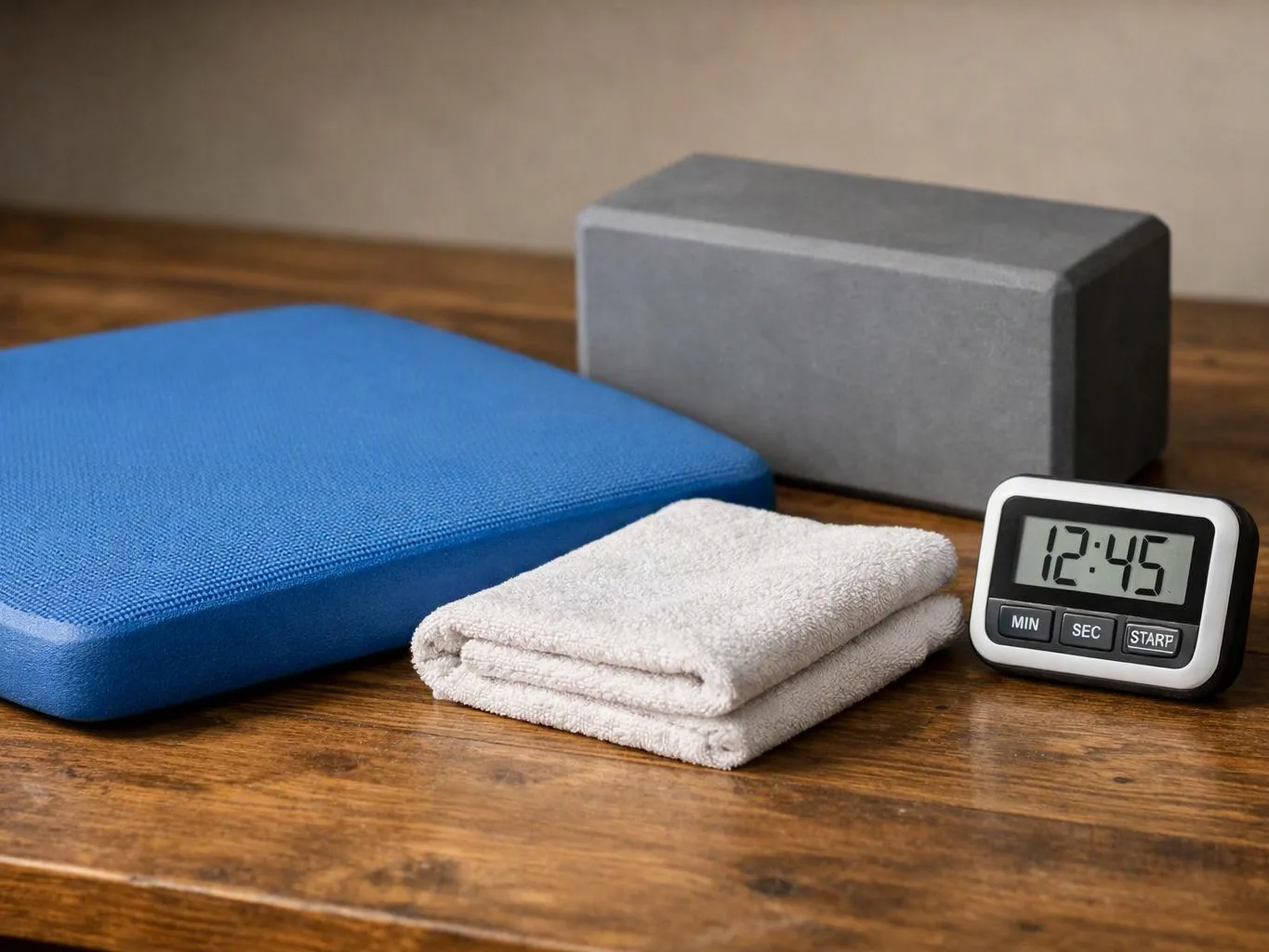 A blue cushion, gray block, folded towel, and digital timer sit on a wooden table