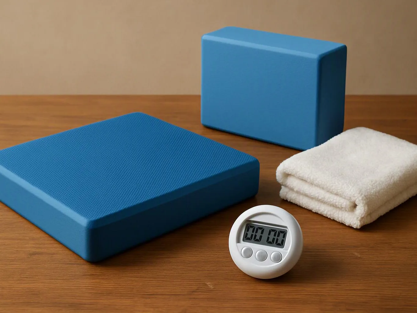 Blue foam blocks, folded white towels, and a small digital timer sit on a wooden table