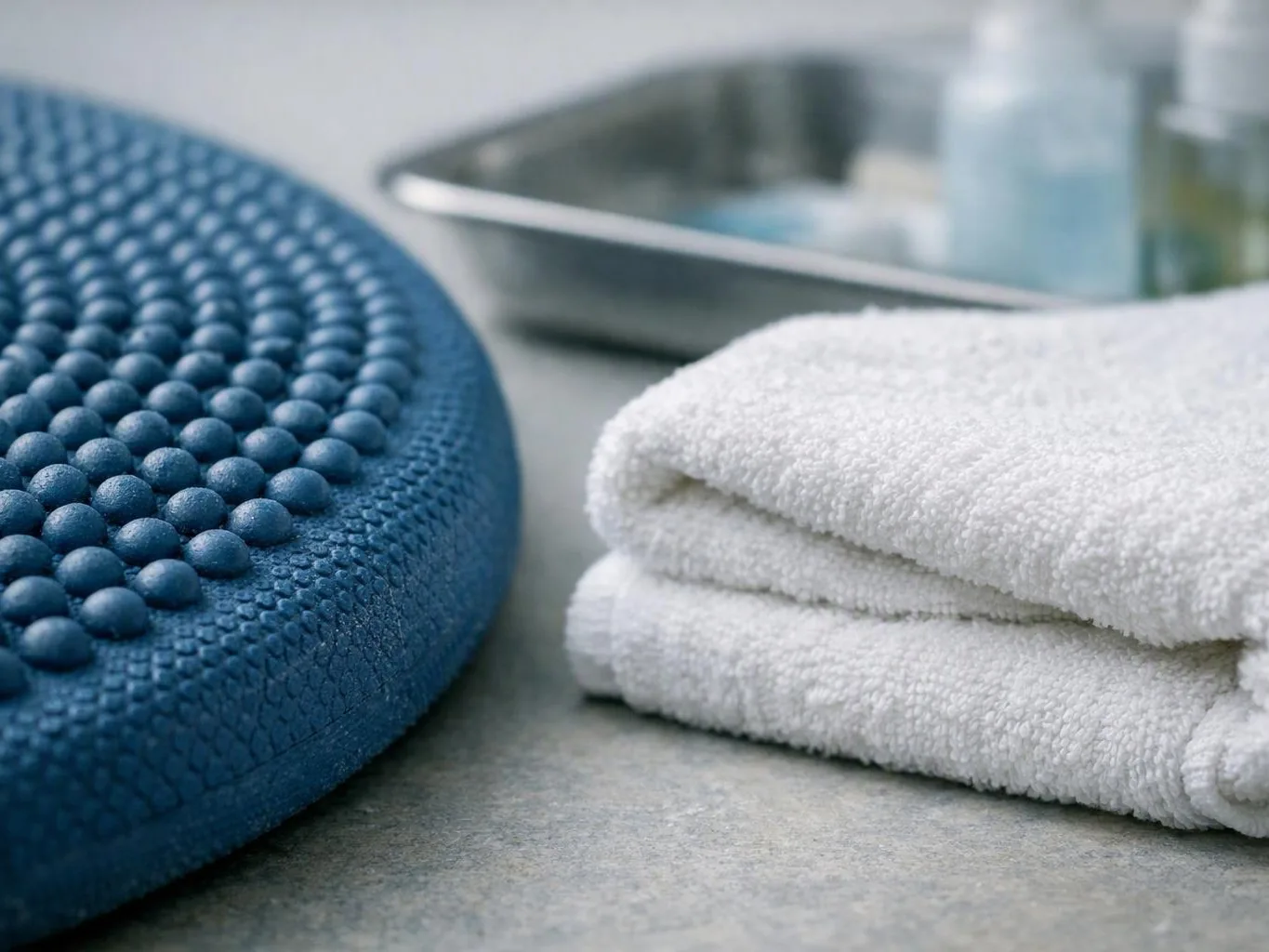 Blue textured mat, folded white towels, and a metal tray on a clean countertop