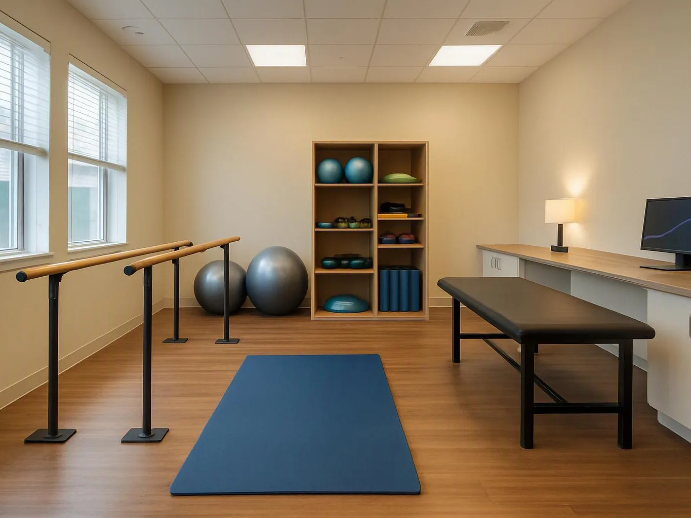 A bright physical therapy room holds mats, parallel bars, exercise balls, shelves of gear, and a treatment table
