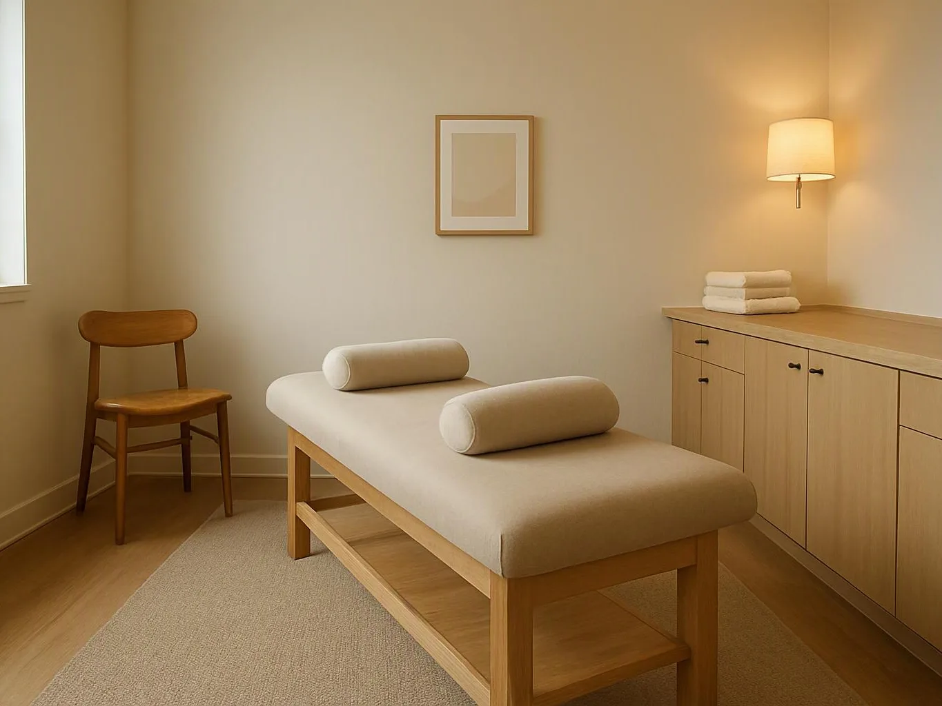 A calm massage room holds a cushioned treatment table, wooden chair, cabinet, wall lamp, and framed picture