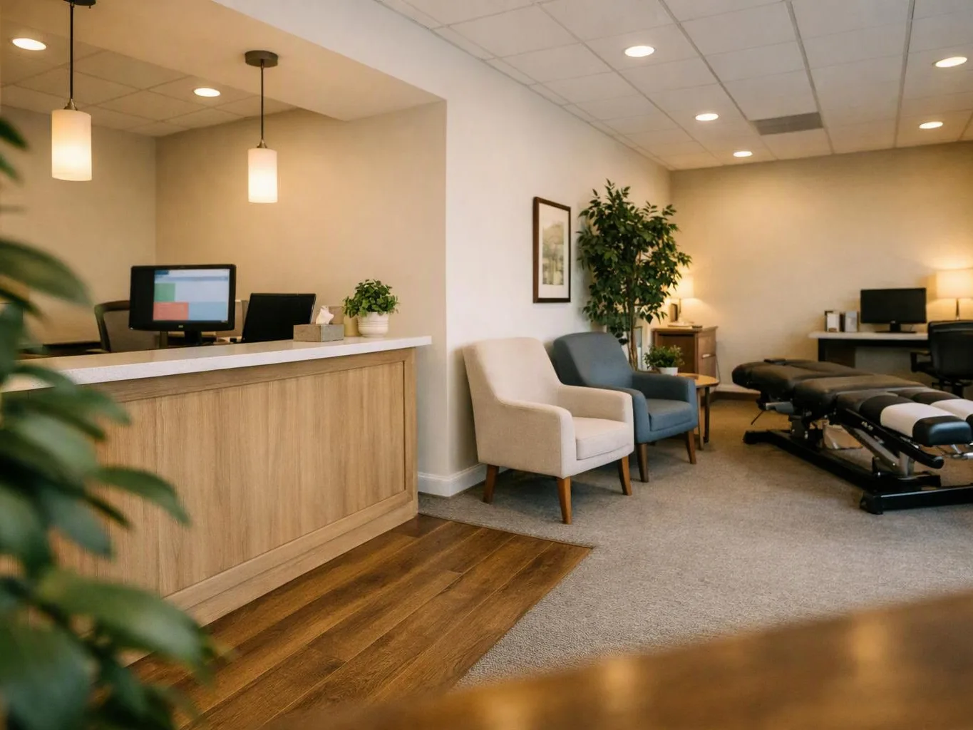 A calm medical office with a reception desk, waiting chairs, and an exam table under warm ceiling lights
