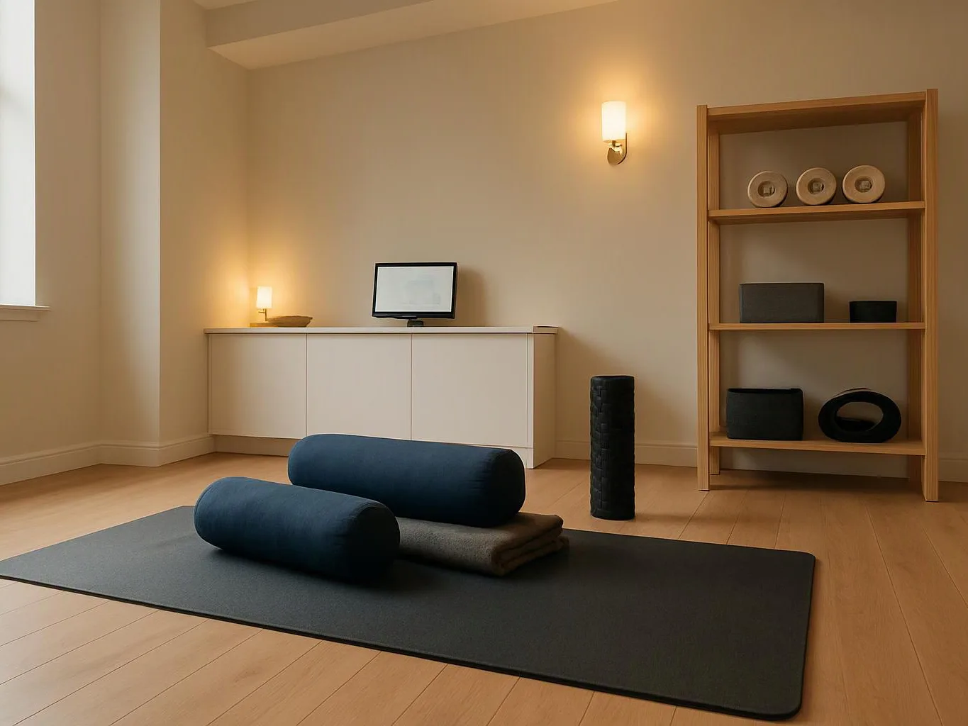 A calm yoga room shows mats, bolsters, a cabinet, shelves, and soft wall lights