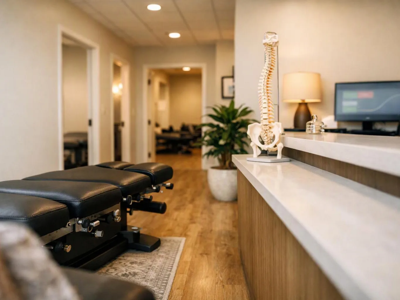 A chiropractic exam room shows an adjustment table, a spine model on the counter, and a softly lit hallway