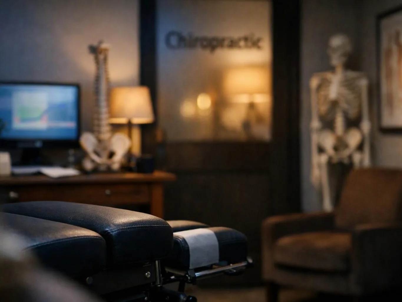 A chiropractic exam room shows a treatment table, desk, lamp, skeleton model, and a chair