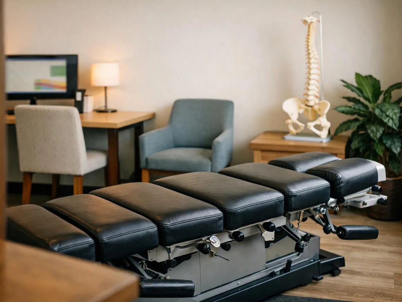 A chiropractic treatment table sits in a quiet office with a desk, chairs, lamp, plant, and spine model