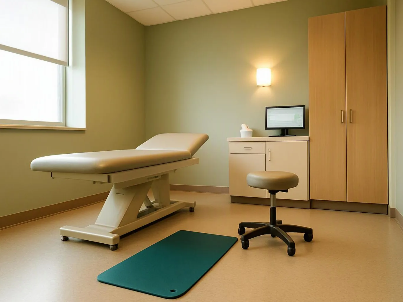 A clean exam room holds a padded table, a stool, a cabinet with a monitor, and a teal mat