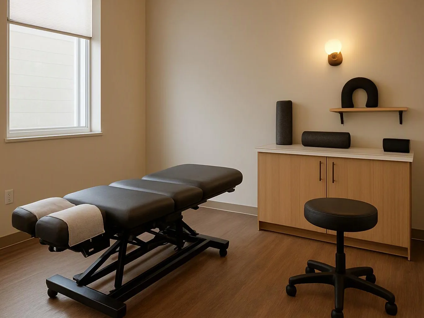 A clean treatment room holds a padded exam table, a rolling stool, a cabinet, and a wall shelf under warm light