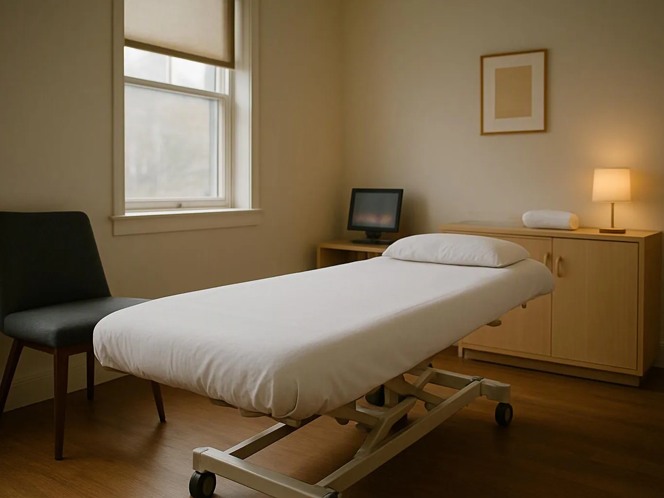 A clean treatment room shows a massage table, chair, lamp, small TV, and cabinet by a window