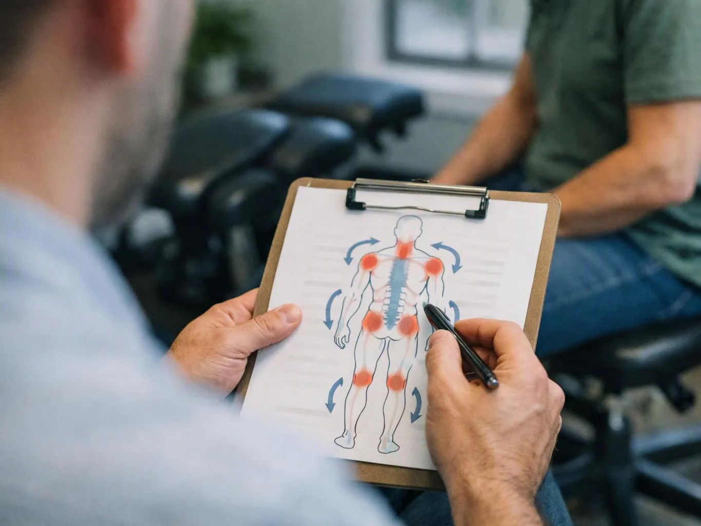 A clinician points at a body diagram on a clipboard while a seated patient listens in a treatment room