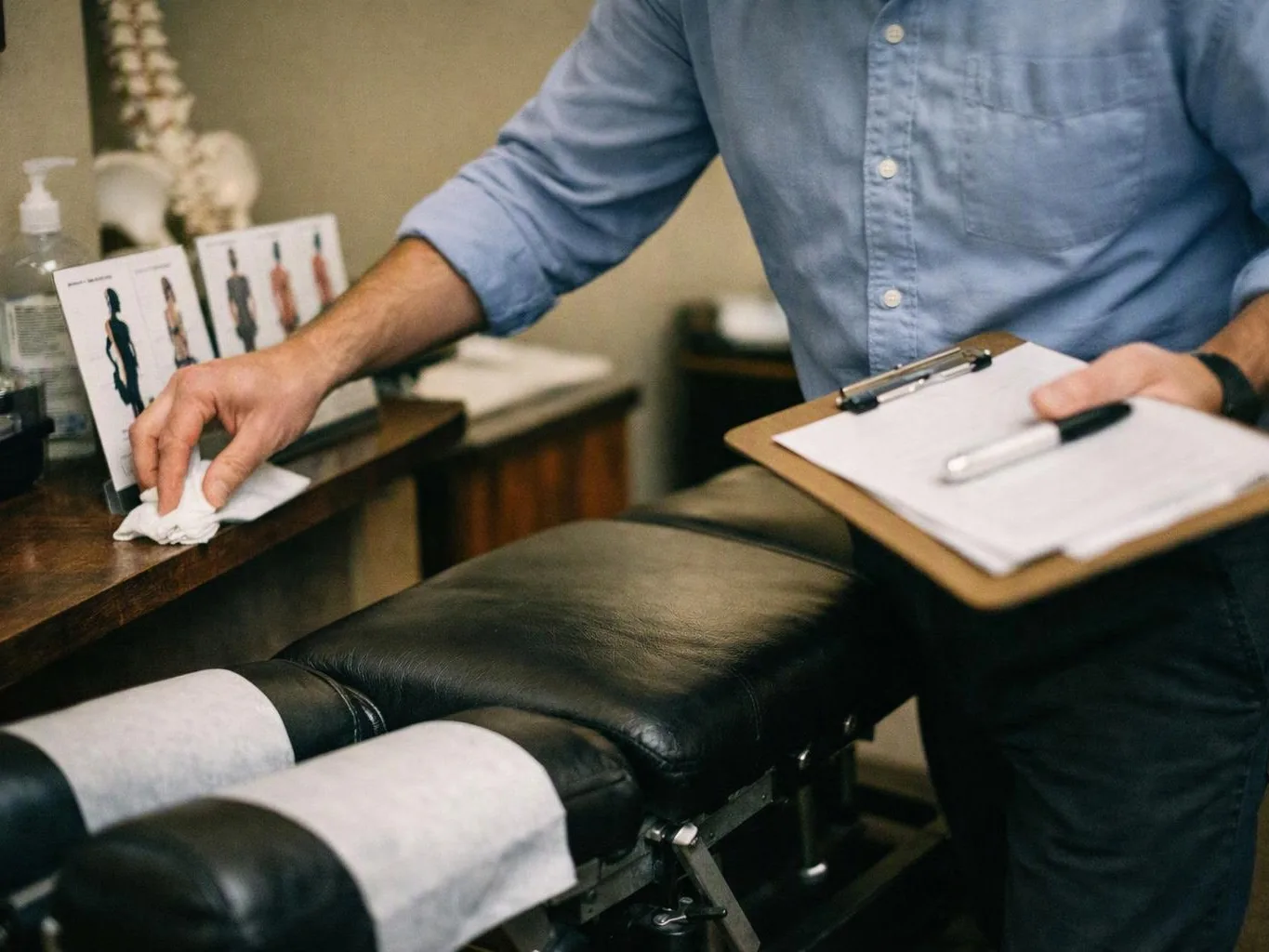 A clinician wipes a treatment table beside a clipboard, papers, and a model spine in a exam room