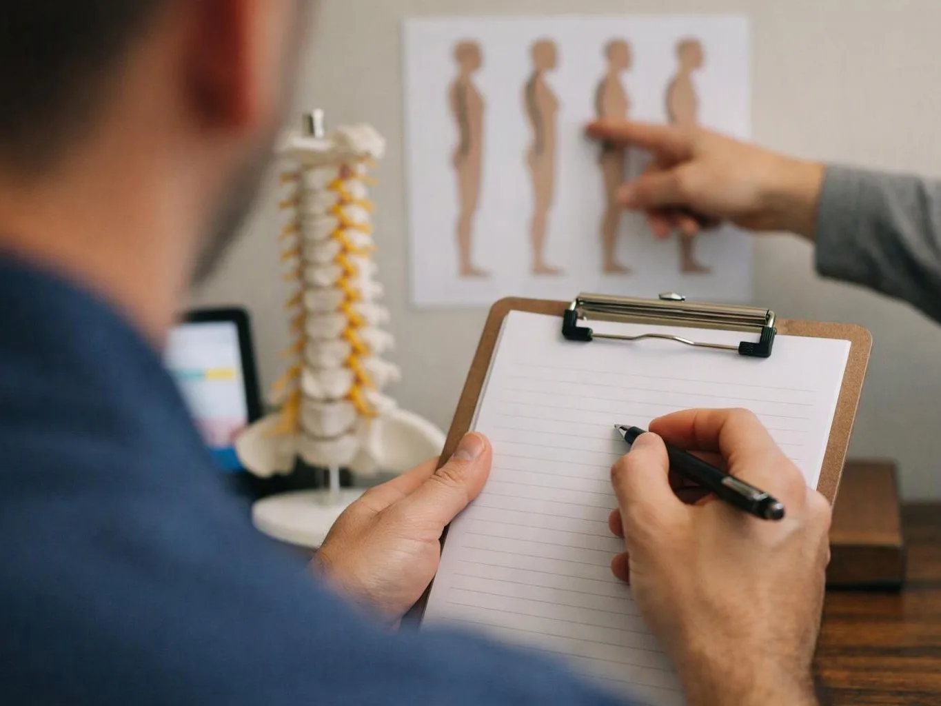 A clinician writes on a clipboard while another person points at a body silhouette chart in a medical office