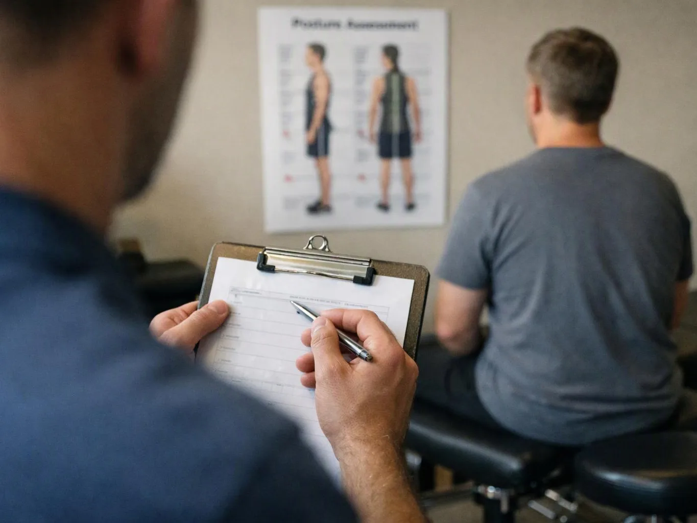 A clinician writes on a clipboard while a seated man faces a posture assessment chart in a room