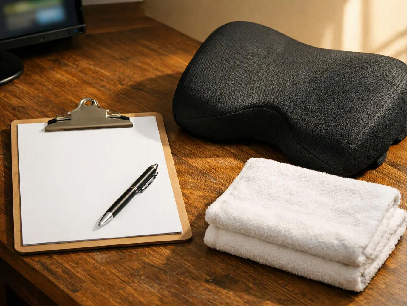 A clipboard with blank paper and a pen sits beside a folded towel and a black cushion on a wooden desk