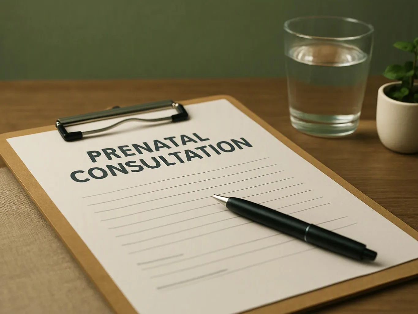 A clipboard with a prenatal consultation form sits beside a pen, water glass, and small potted plant on a wooden desk