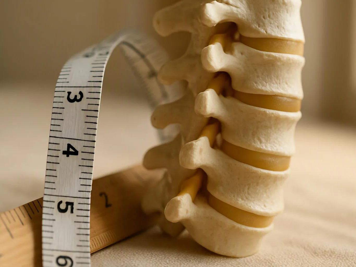 A close-up shows a spine model beside a curved measuring tape on a beige surface